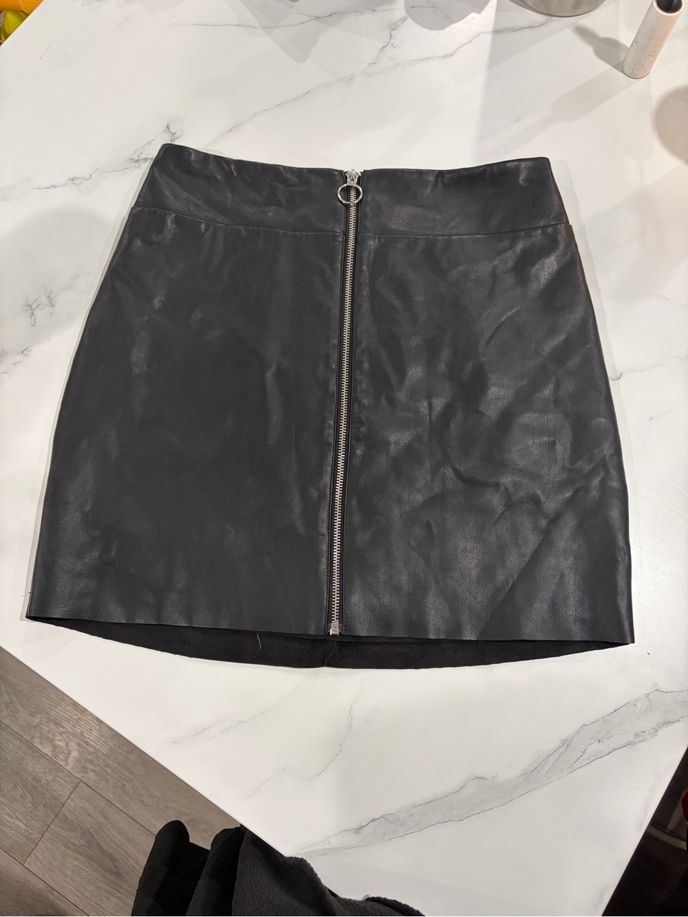 Express Black Faux Leather Mini Skirt with Center Ring Zip